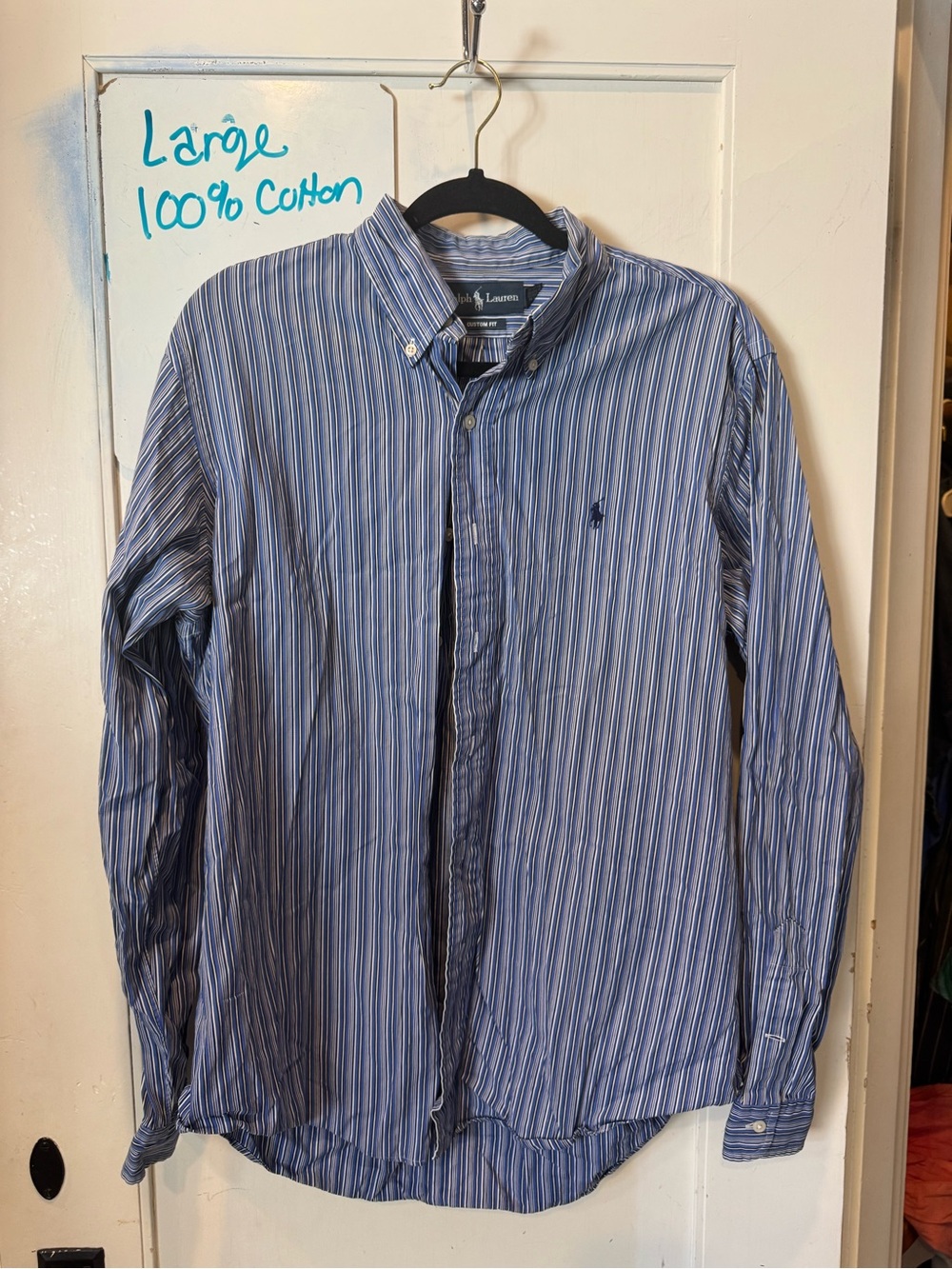 100% Cotton Ralph Lauren Blue and White Striped Button-Down Shirt